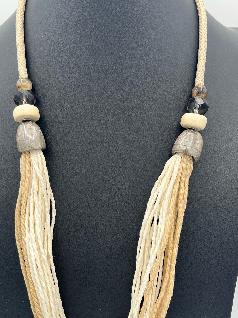 Boho Multi Strand Neutral Cord Large Disc Pendant Necklace 29.5" - Picture 2 of 4
